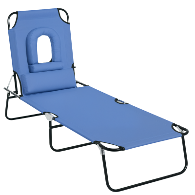 Outsunny Adjustable Outdoor Lounge Chair, Garden Folding Chaise Lounge with Face Hole Reclining Tanning Chair Seat, Folding Camping Beach Lounging Bed w/ Support Pillow, Blue