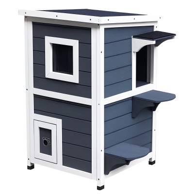 PawHut 2-Story Weatherproof Cat House, Dark Gray