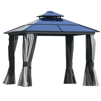 Outsunny 10'x10' Hardtop Patio Gazebo Aluminum Gazebo Deck Canopy with Double Tier Roof, Curtains, Netting Sidewalls, Black & Grey