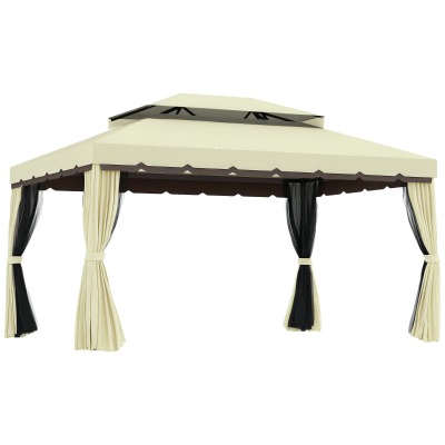 Outsunny 10'x13' Soft-top Aluminum Gazebo Deck Canopy Double Tier Garden Shelter with Netting and Curtains, Cream White
