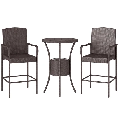 Outsunny 3 Pieces Patio Bar Set, Rattan Bistro Table and Chairs, Outdoor Conversation Furniture Set with Ice Bucket, Dark Brown