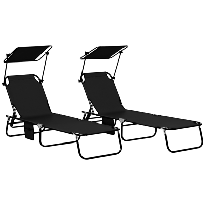 Outsunny Folding Chaise Lounge Chairs, Outdoor Reclining with Canopy, Black