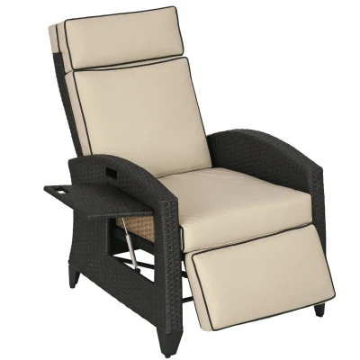 Outsunny Outdoor Recliner Chair with Adjustable Backrest and Footrest, Washable Cushion, Side Tray, Up to 352 lbs, Khaki