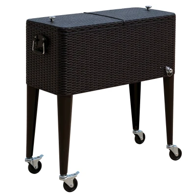 Outsunny 80 Quart Rattan Rolling Cooler Cart Portable Patio Ice Beer Beverage Cooling Bin for Outdoor Party w/ Bottle Opener, Brown Wicker