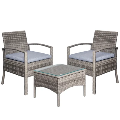 Outsunny 3 Pieces Wicker Patio Furniture Set, Rattan Bistro Set with Coffee Table and Cushions, Outdoor Conversation Set for Garden, Porch, Balcony, Grey