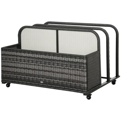 Outsunny Rolling Pool Storage Rattan Patio Furniture Outdoor Storage Wicker Organizer for Floats, Paddles, Balls, Towels, Grey