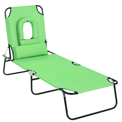 Outsunny Adjustable Outdoor Lounge Chair, Garden Folding Chaise Lounge with Face Hole Reclining Tanning Chair Seat, Folding Camping Beach Lounging Bed w/ Support Pillow, Green