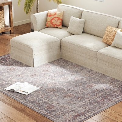 HOMCOM 5x7 Non-Slip Area Rug, Traditional Flower Print, Mixed-Brown