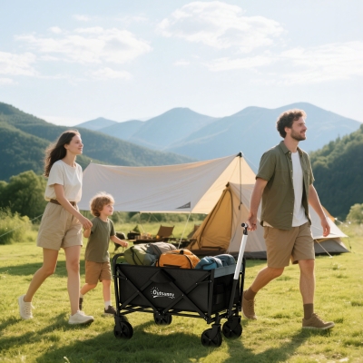 Outsunny Steel Frame Folding Garden Cart, Collapsible Wagon with Telescopic Handle and All-Terrain Wheels