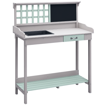 HOMCOM 36" Wooden Potting Table with Drawer, Storage Shelf, Blackboard, Sink, Outdoor Planting Workstation Bench Garage Tool Table, Grey