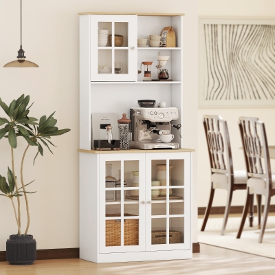 HOMCOM Kitchen Buffet with Hutch, Storage Pantry with 3 Cabinets, 2 Open Shelves and Large Countertop, White