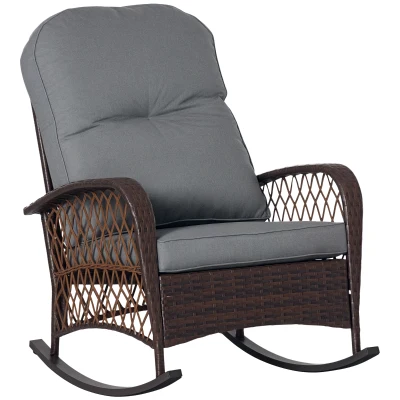 Outsunny Rattan Rocking Chair, Outdoor Wicker Patio Rocker Chair Furniture with Thick Cushions, for Garden Backyard Porch, Grey