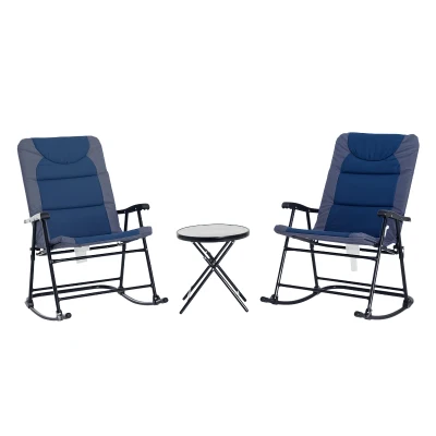 Outsunny 3pc Patio Foldable Rocking Chair Set, Outdoor Rocking Chairs and Table Bistro Set w/ Padded Seat, Headrest, Backrest for park, backyard, garden, Blue