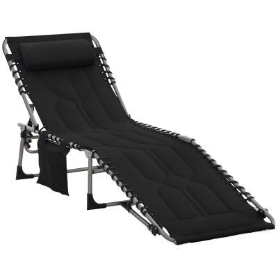 Outsunny Folding Chaise Lounge Chair, Outdoor Padded Reclining Chair with 5-position Adjustable Backrest, Pillow and Pocket for Patio, Deck, Beach, Lawn and Sunbathing, Black