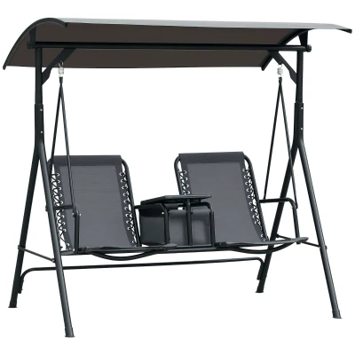 Outsunny 2 Person Covered Porch Swing Patio Swing with Pivot Storage Table, Cup Holder, & Adjustable Overhead Canopy, Grey