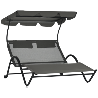 Outsunny Outdoor Patio Chaise Lounge Chair, Patio Sun Lounger w/ Sunshade Roof, for Two People with Wheels and Breathable Sling Mesh Bed, Pillows, Dark Gray