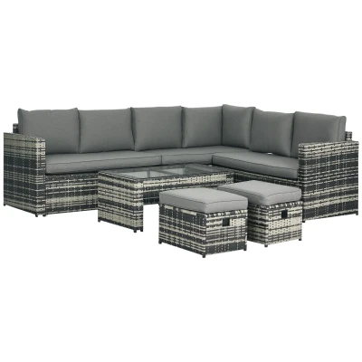 Outsunny 6 Piece Rattan Garden Furniture Set, 8-Seater Outdoor Sofa Sectional with 3 Loveseat Wicker Sofa with Cushions, 2 Footstools and Glass Table for Yard, Poolside, Grey
