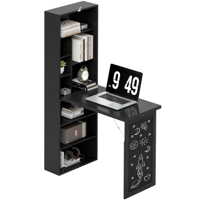 HOMCOM Fold-out Convertible Office Desk, Wall Mount Computer Desk with Blackboard and Side Shelf, Black