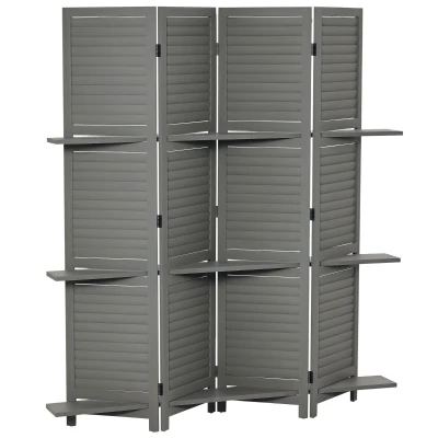 HOMCOM 4-Panel Wall Partition Room Separator with 3 Storage Shelves Foldable Design Wooden Frame 5.6FT Grey