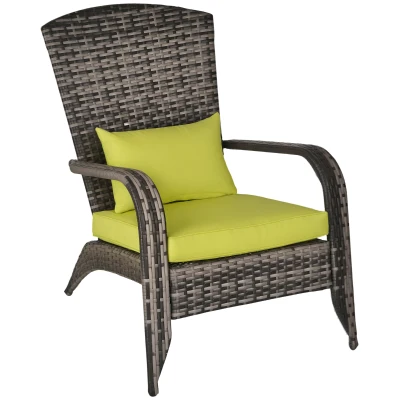 Outsunny Patio Wicker Adirondack Chair, Outdoor PE Rattan Fire Pit Chair, Muskoka Chair w/ Soft Cushions, Tall Curved Backrest and Comfortable Armrests for Deck or Garden, Green