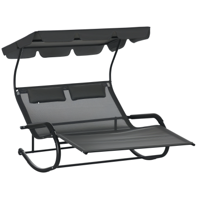 Outsunny Patio Outdoor Bed, Outdoor Chaise Sun Lounger for Two Person with Adjustable Canopy, Detachable Pillows, and Wheels for Sun Room, Garden, Poolside, Dark Gray