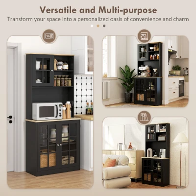 HOMCOM Kitchen Buffet with Hutch, Storage Pantry with 3 Cabinets, 2 Open Shelves and Large Countertop, Black(m-7)