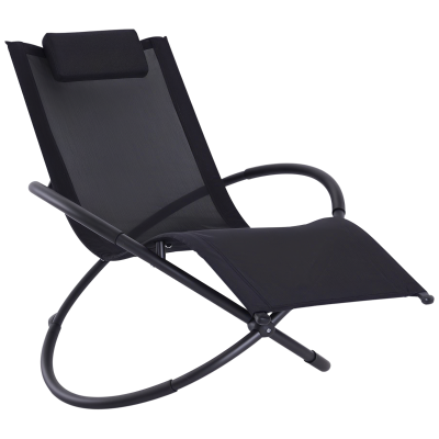 Outsunny Outdoor Rocking Lounge Chair, Foldable Zero Gravity Rocking Chair, Orbital Outdoor Patio Chaise Lounge Rocker with Mesh Seat and Pillow, Black
