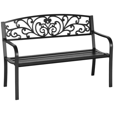 Outsunny 50" 2-Seater Garden Bench Chair, Outdoor Blossoming Pattern Garden Decorative Loveseat Bench for Yard, Lawn, Porch, Black