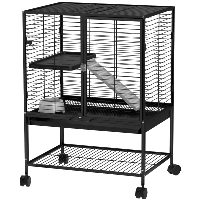 PawHut Rolling Small Animal Cage 34"H Chinchilla Cage for Ferrets, Squirrels w/ Removable Tray, Storage Shelf, Black