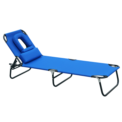 Outsunny Folding Outdoor Lounge Chair, Portable Reclining Beach Lounger with Face Hole, Detachable Pillow, 4-Position Adjustable Backrest, For Patio, Garden, Poolside, Blue