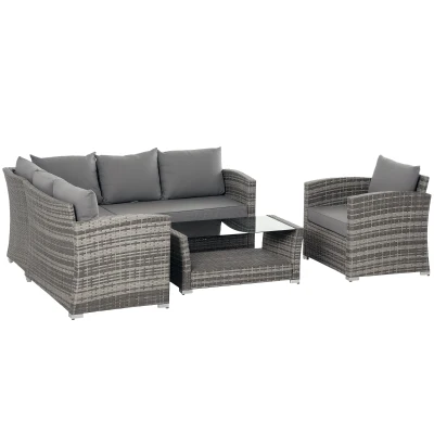 Outsunny 5 Pieces Wicker Patio Furniture Set with 4" Thick Cushions, Outdoor PE Rattan Garden Conversation Sectional Sofa Set with Glass Top Two-tier Coffee Table, Grey