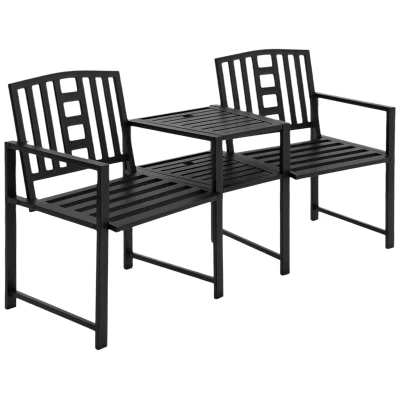 Outsunny Metal Garden Bench with Middle Table and Umbrella Hole, 2-in-1 Double Patio Chairs, Outdoor 2-person Tete-a-Tete, Slatted, Black(m-1)