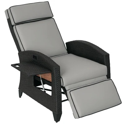 Outsunny Outdoor Recliner Chair with Adjustable Backrest and Footrest, Washable Cushion, Side Tray, Light Grey