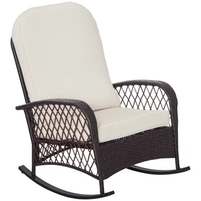Outsunny Rattan Rocking Chair, Outdoor Wicker Patio Rocker Chair Furniture with Thick Cushions, for Garden Backyard Porch, Cream White