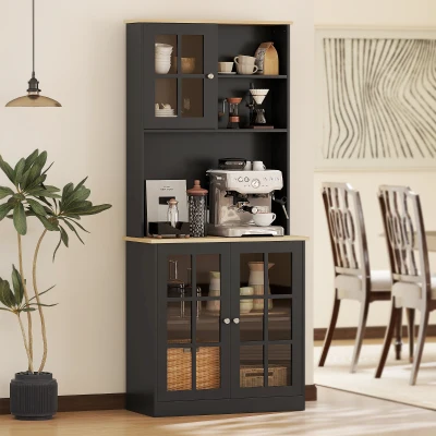 HOMCOM 72" Kitchen Pantry Cabinet, Black with Glass Doors