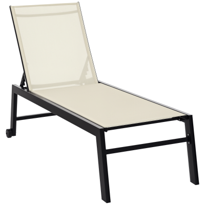 Outsunny Outdoor Lounge Chair, Patio Lounger with 5-Position Reclining Backrest and 2 Wheels for Poolside, Beach, Lawn, Cream White