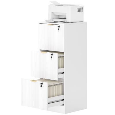 HOMCOM Lockable Filing Cabinet with 3 Fluted Drawers, File Cabinet with Adjustable Hanging Rails for A4 Letter Files, White