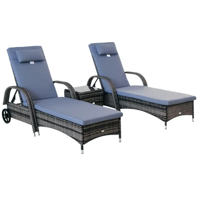 Outsunny 3 Pieces Patio Rattan Chaise Lounge Set, Outdoor PE Wicker Reclining Lounger Furniture Set, Adjustable Portable with Wheeled & Side Table, Grey