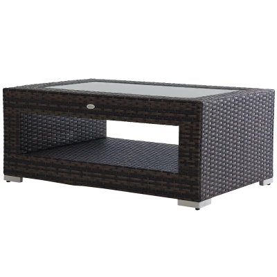 Outsunny 2-Tier Rattan Patio Coffee Table Outdoor Side Table PE Wicker Patio Garden Tea End Desk with Tempered Glass Top & Storage for Balcony, Backyard, Poolside