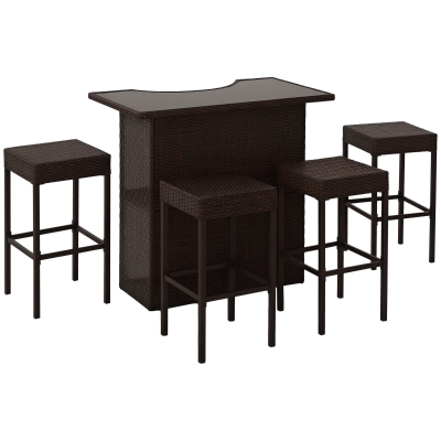 Outsunny 5-Pc Rattan Bar Set with Glass Table & 4 Stools