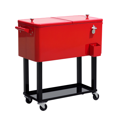 Outsunny 80 Quart Rolling Cooler Cart Portable Patio Ice Beer Beverage Cooling Bin for Outdoor Party w/ Bottle Opener & Storage Shelf Red