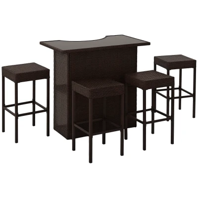 Outsunny 5 Pieces Patio Bar Set, Outdoor PE Rattan Wicker High Top Outdoor Table and Chairs Outdoor Bar Set with Tempered Glass Top Bar Table and Shelves, 4 Bar Chairs, Dark Brown