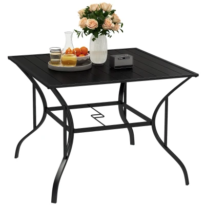 Outsunny Outdoor Dining Table for Four, Patio Table with Parasol Hole, Square Garden Table with Slatted Metal Plate Top, for Backyard, Poolside, Black