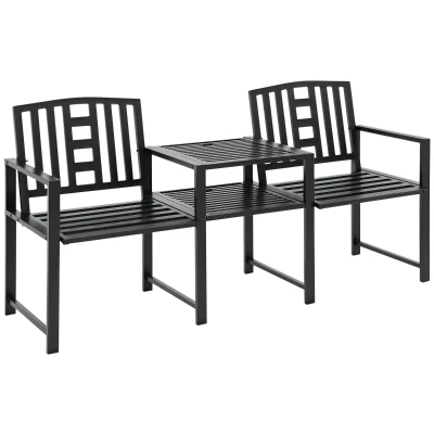 Outsunny Steel Garden Bench w/ Middle Table, Umbrella Hole, Double Seat for Outdoor, Patio, Backyard  Weather-Resistant Frame, Black
