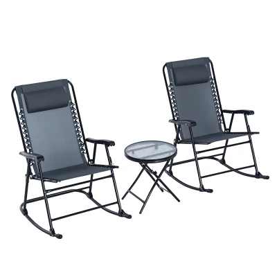 Outsunny 3pc Patio Rocking Chair Set, Folding Outdoor Rocking Chairs and Table Bistro Set w/ Breathable Mesh Seat & Backrest, Headrest for Park, Backyard, Garden, Grey