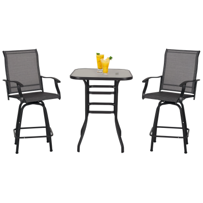Outsunny 3 Piece Outdoor Patio Bar Set, 2 Swivel Stool and 1 Bar Table, All-Weather, Metal Frame for Balcony, Backyard, Deck, Grey