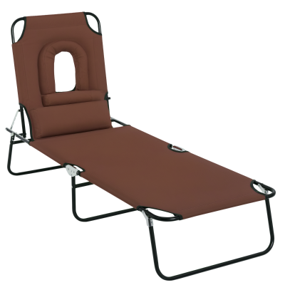 Outsunny Adjustable Outdoor Lounge Chair, Garden Folding Chaise Lounge with Face Hole Reclining Tanning Chair Seat, Folding Camping Beach Lounging Bed w/ Support Pillow, Brown