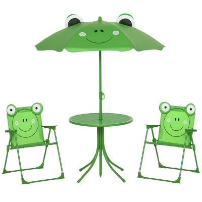 Outsunny Kids Folding Picnic Table and Chair Set Pattern Outdoor Garden Patio Backyard with Removable & Height Adjustable Sun Umbrella Green
