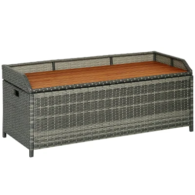 Outsunny Patio Wicker Storage Bench Box, Outdoor Garden PE Rattan Pool Storage Deck Bin Box w/ Natural Wood Top, Lid, Ideal for Storing Tools, Accessories and Toys, Mixed Gray