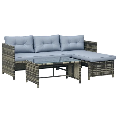 Outsunny 3 Piece Outdoor Patio Furniture Set with Loveseat Sofa, Chaise Lounge, Tempered Glass Table and Cushions, Sectional Wicker Rattan conversation Set for Backyard, Grey